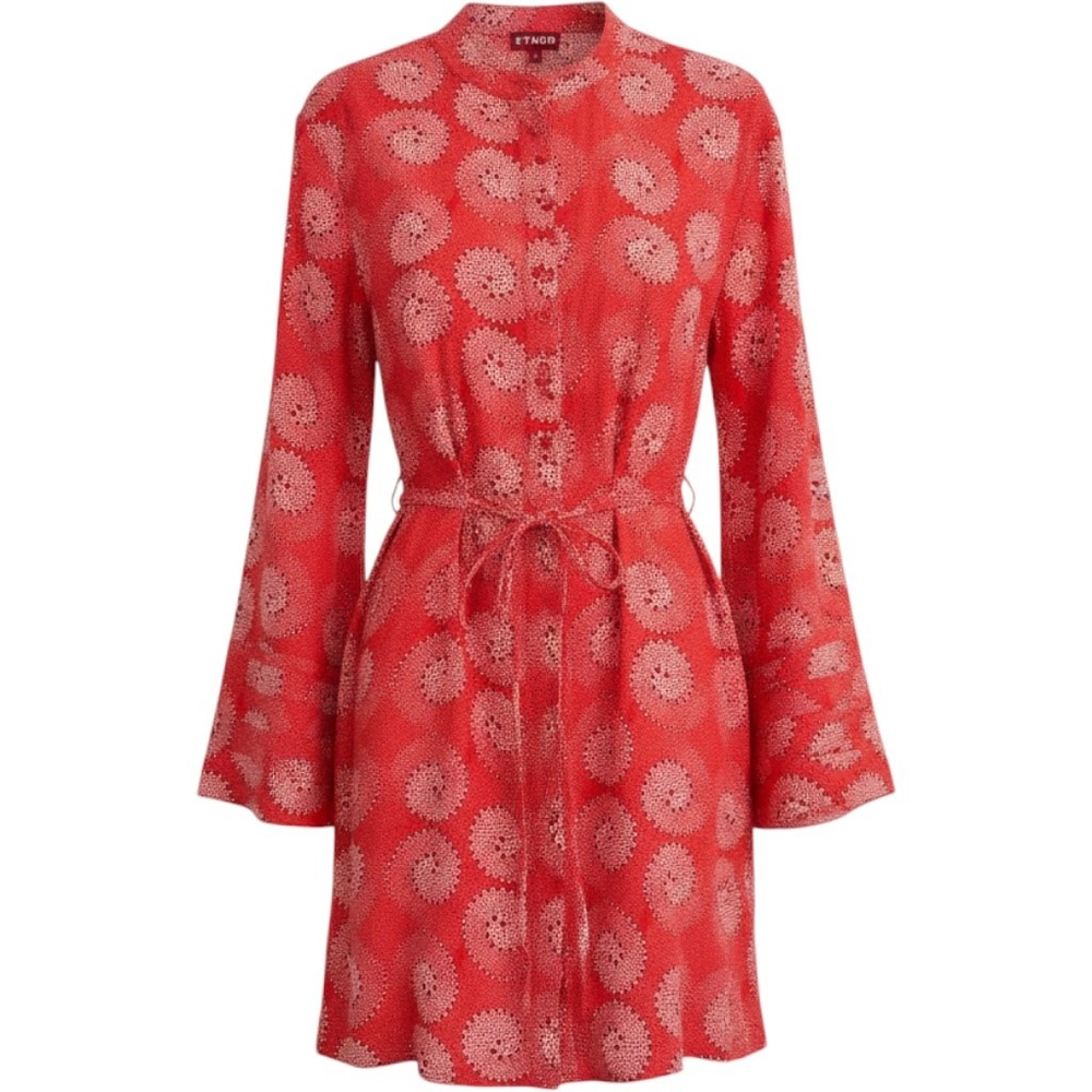 STAUD Red White Dotted Spiral Mini Dress Bell Sleeve XS Linen & Cotton Chic Boho